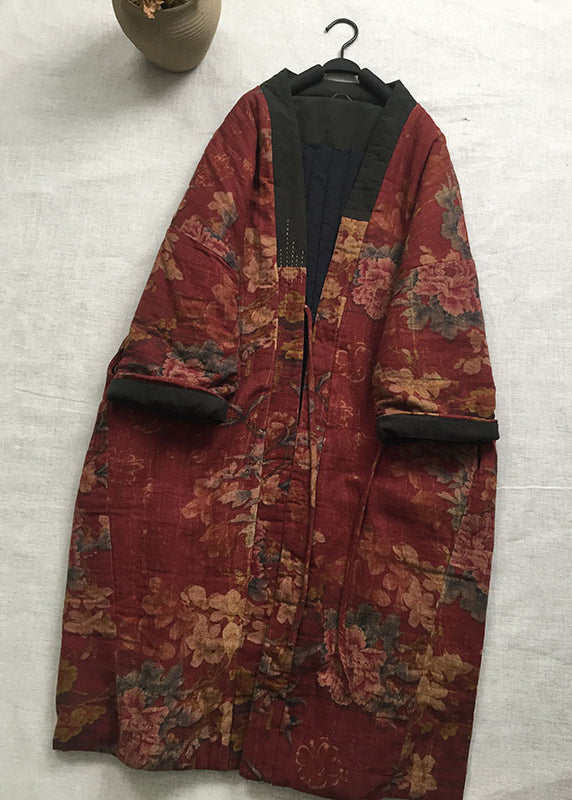 Manteau Vintage Femme Long à Col en V Imprimé Unique 1