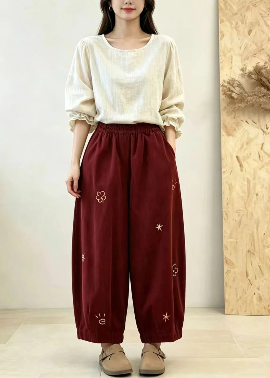 Pantalon Femme Bouffant à Poches Brodées Style Automnal 2