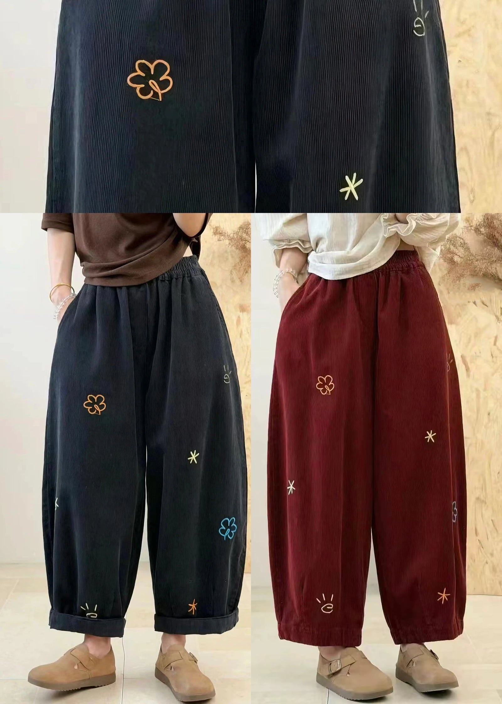 Pantalon Femme Bouffant à Poches Brodées Style Automnal 4
