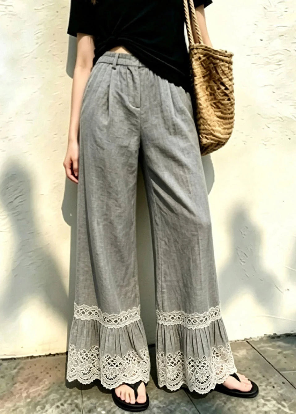 Pantalon Femme Décontracté Taille Élastique Jambes Larges 2