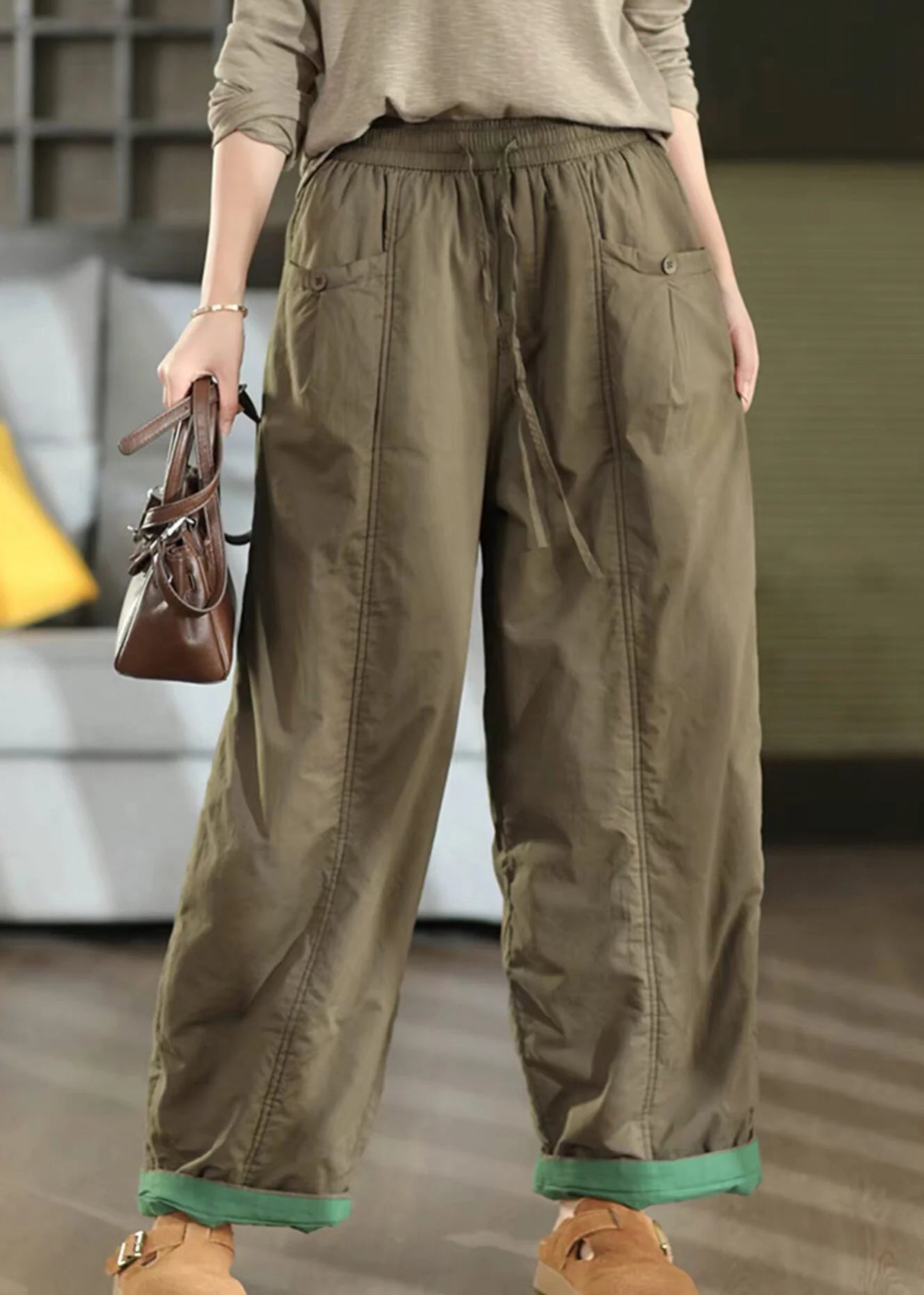 Pantalon Femme Hiver Taille Élastique Patchwork 1