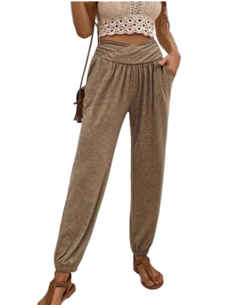 Pantalon Femme Long Taille Haute Élastique avec Poches 0