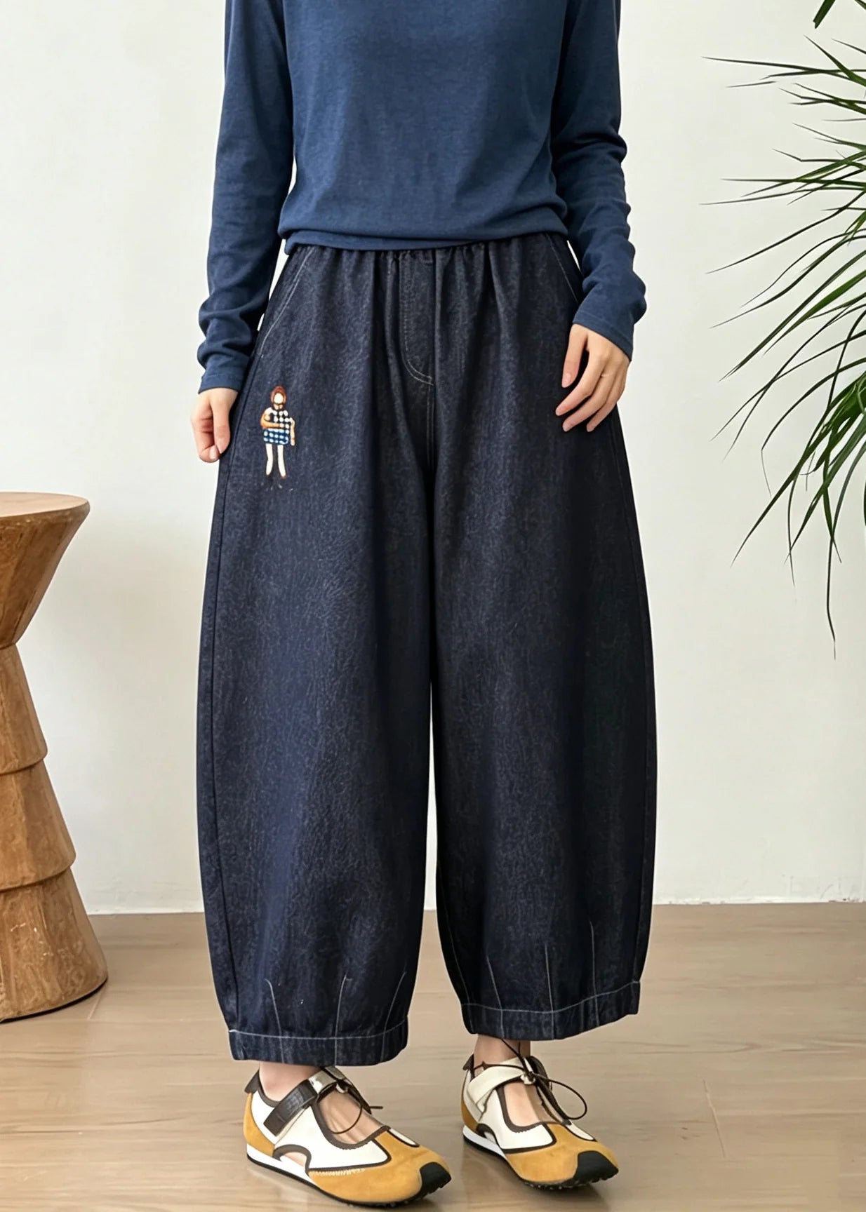Pantalon Femme Style Lanterne Patchwork avec Poches Brodées 4