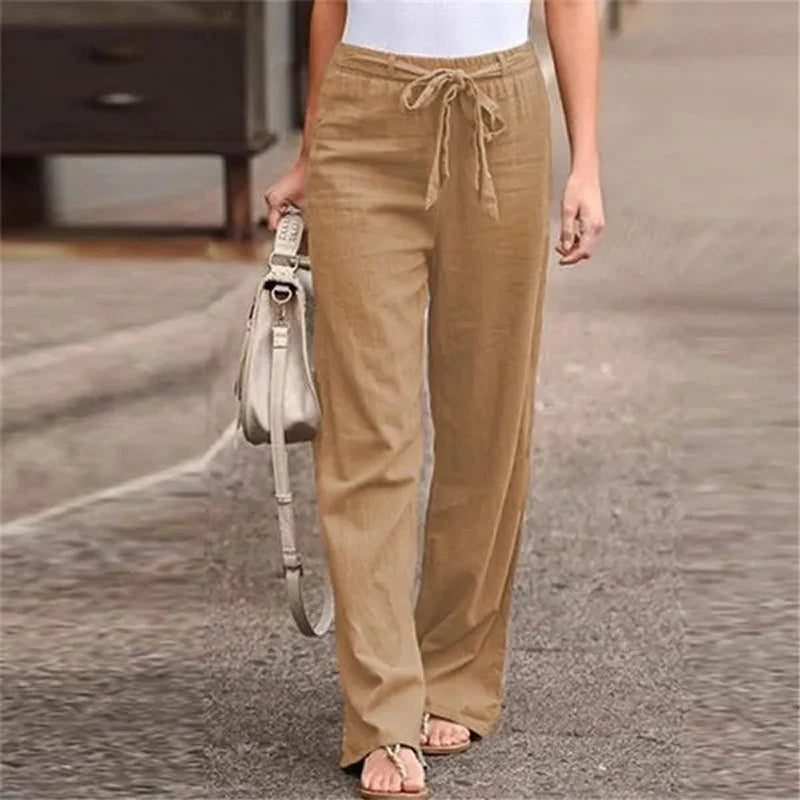 Pantalon Fluide Femme Coton Lin Taille Élastique Décontracté 2