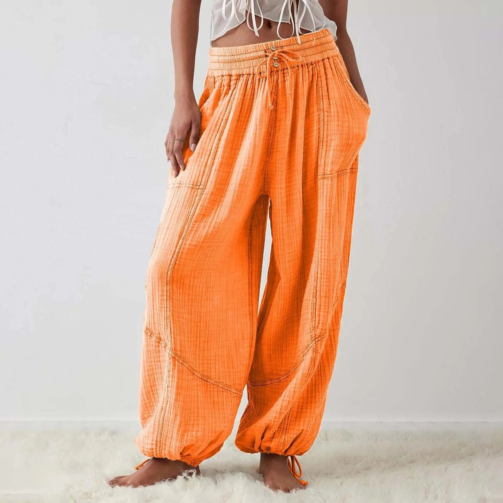Pantalon Fluide Femme Taille Élastique Cordon de Serrage Polyester Spandex Coton 12