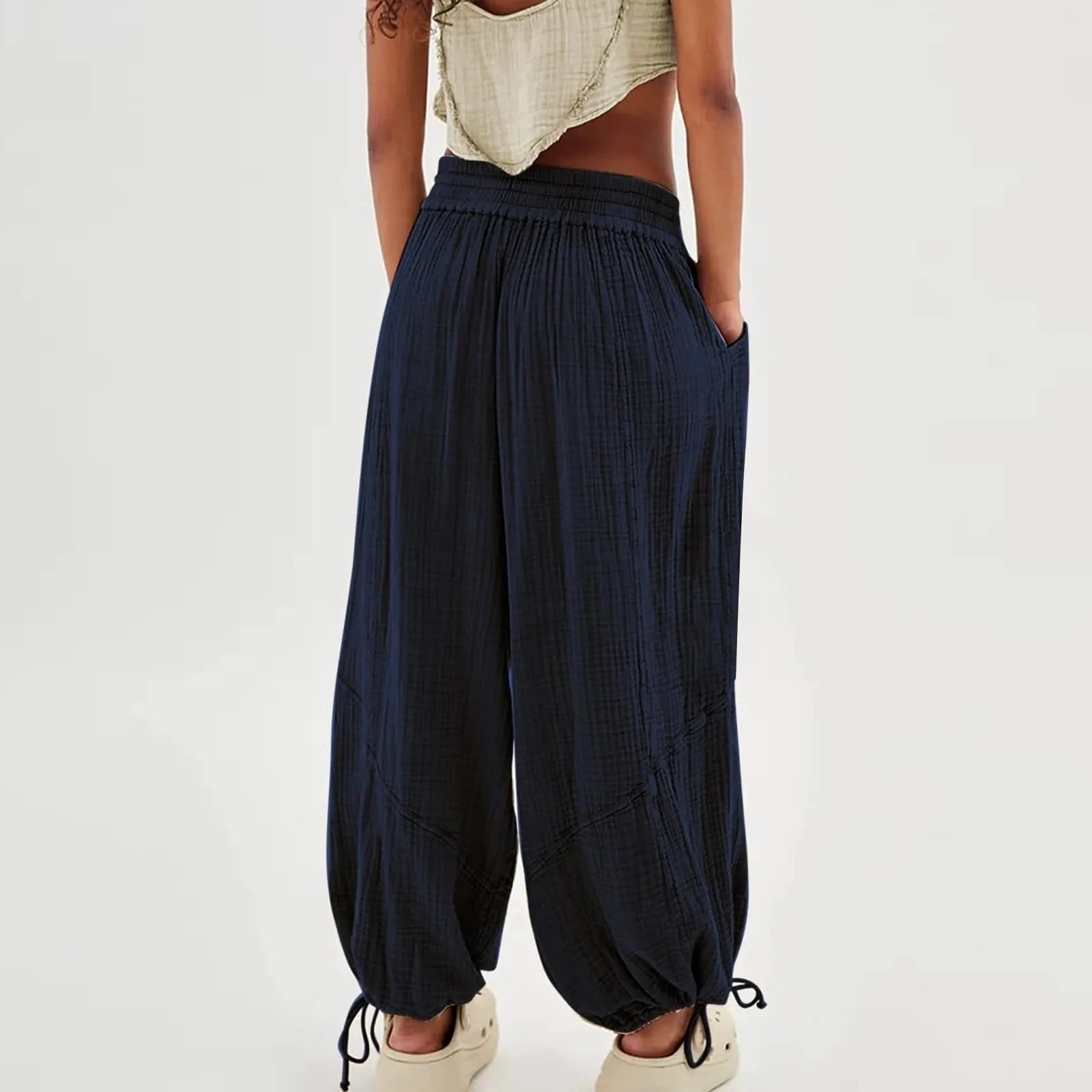 Pantalon Fluide Femme Taille Élastique Cordon de Serrage Polyester Spandex Coton 2