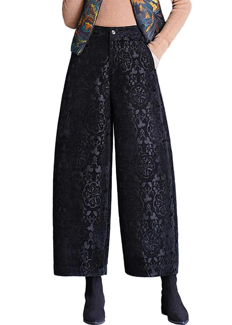 Pantalon court femme à jambes larges taille haute 0