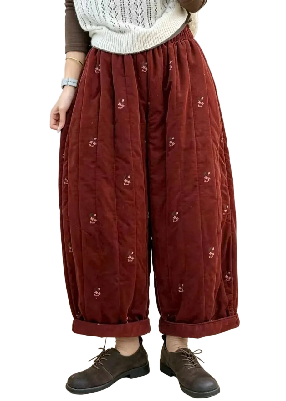 Pantalon court femme brodé taille élastique automnal 0