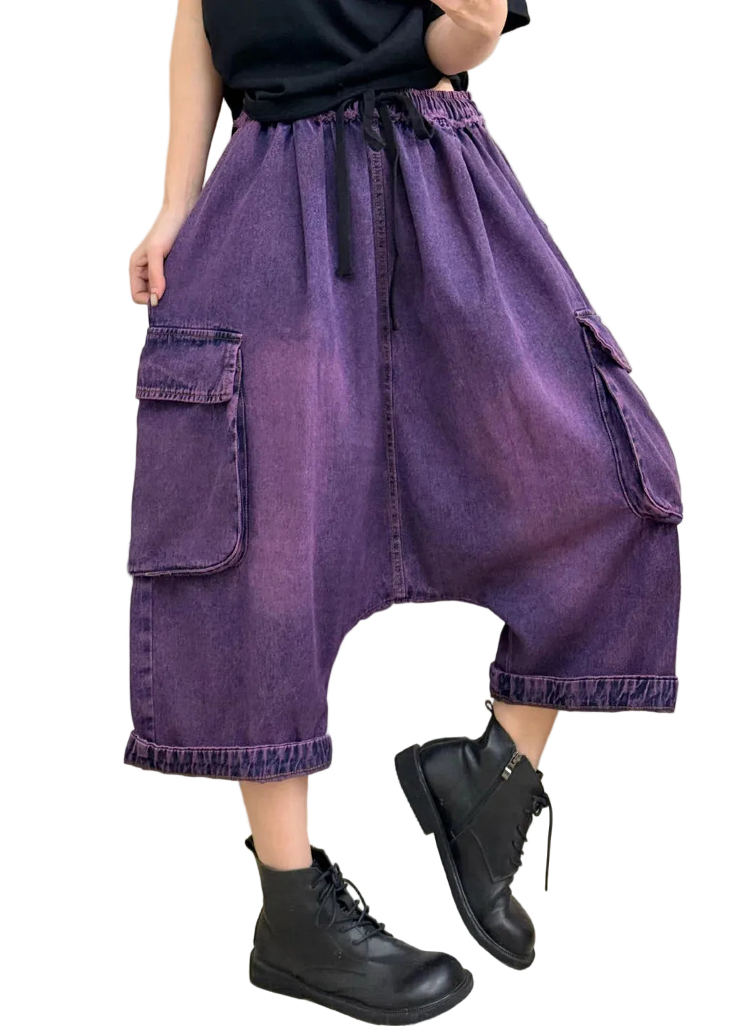 Pantalon court patchwork pour femme avec poches et taille élastique 0