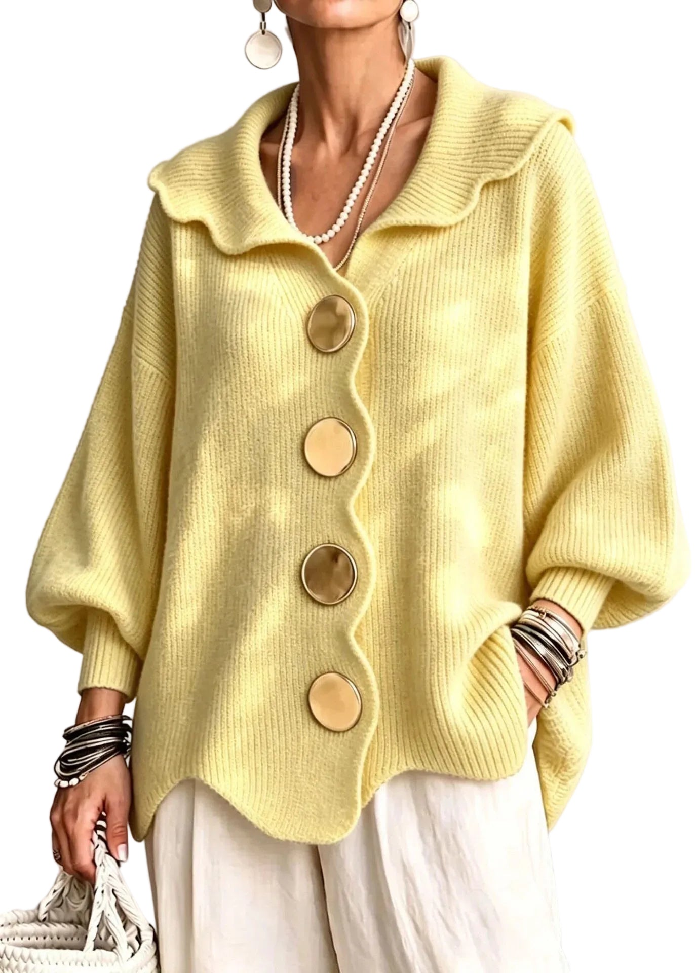 Pull Femme Col Claudine Boutonné Style Automnal Grandes Tailles 0