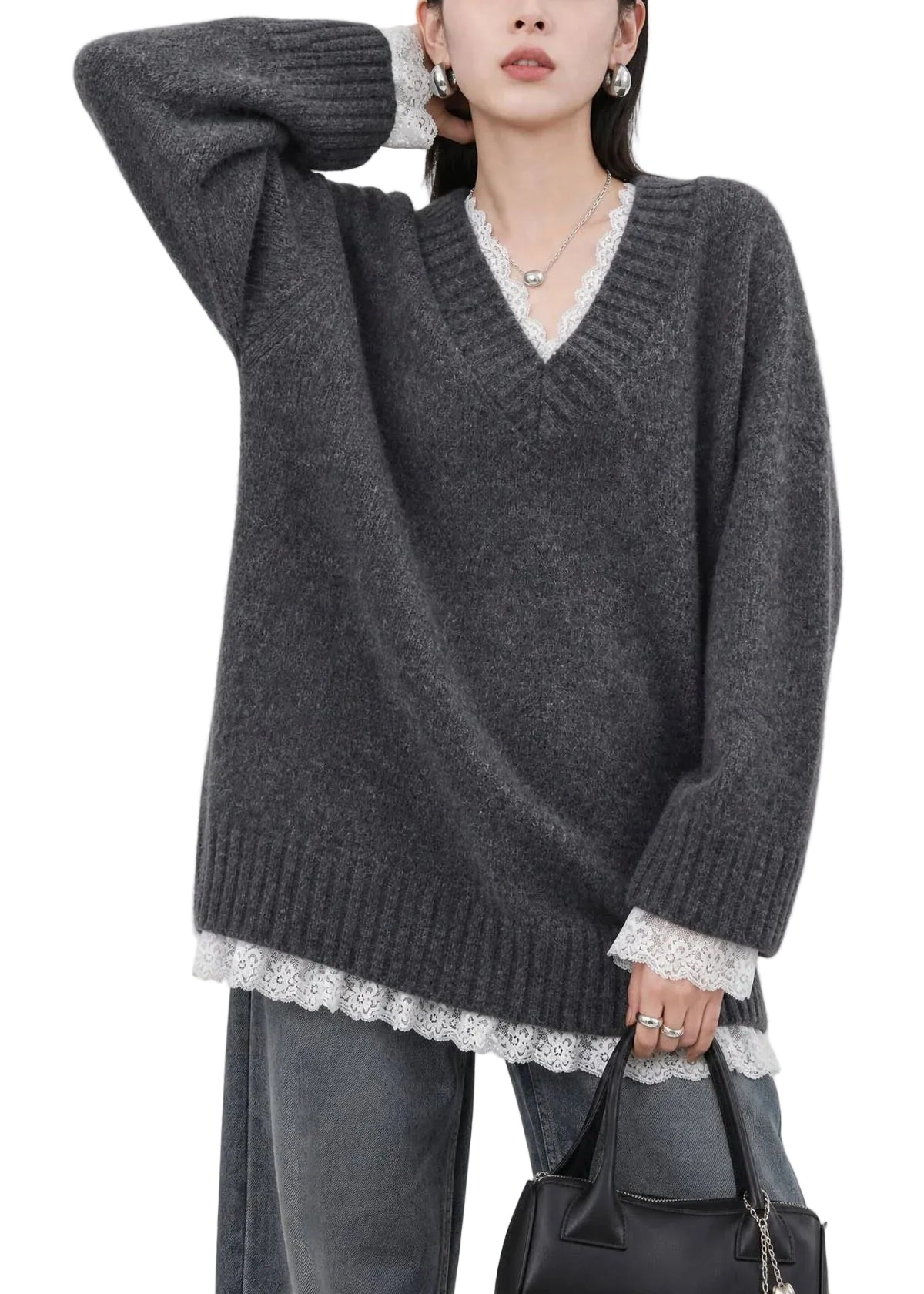 Pull Femme Col V avec Empiècements en Dentelle Automnal 0