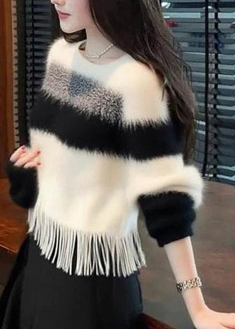 Pull Femme Décontracté à Rayures avec Pompons Doux 2