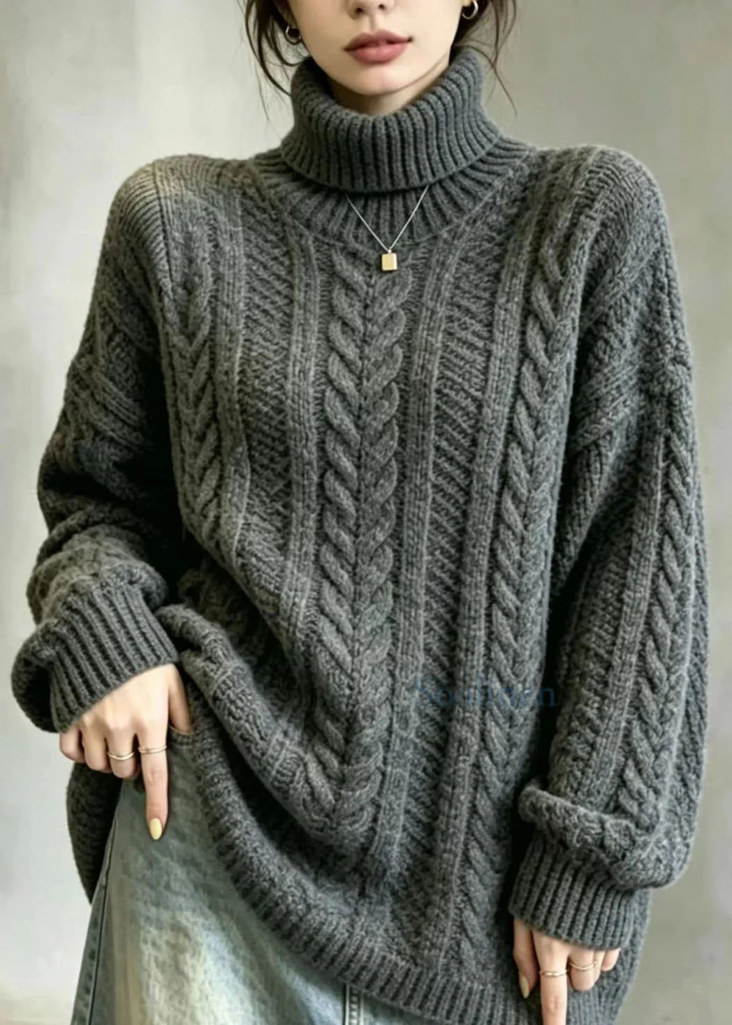 Pull Femme Oversize Col Montant Manches Longues Tendance 1