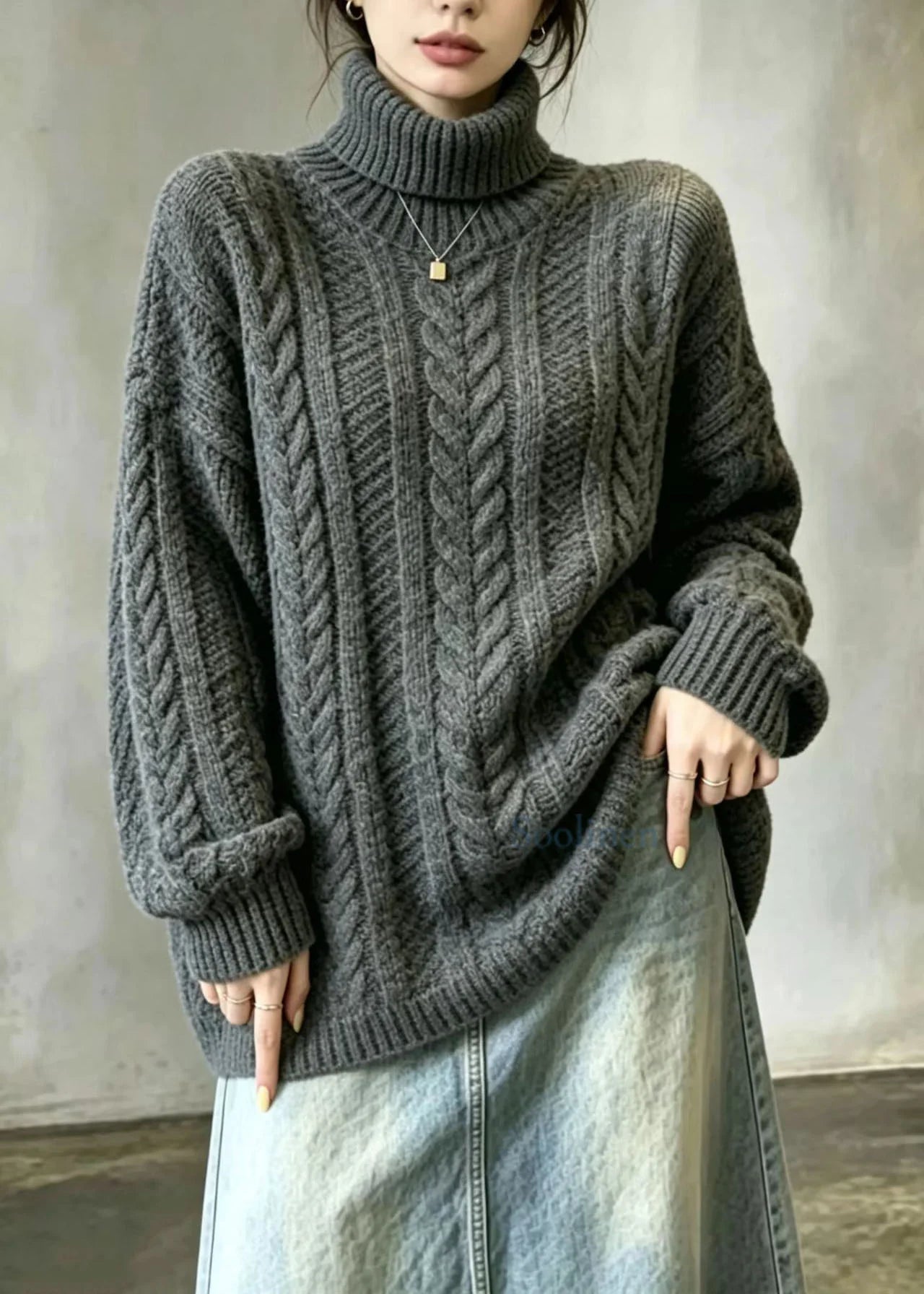 Pull Femme Oversize Col Montant Manches Longues Tendance 2