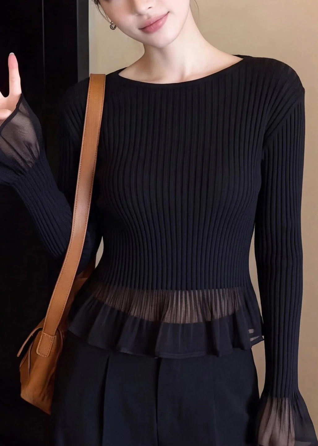 Pull Femme à Volants avec Empiècements en Tulle Style Français Automnal 1