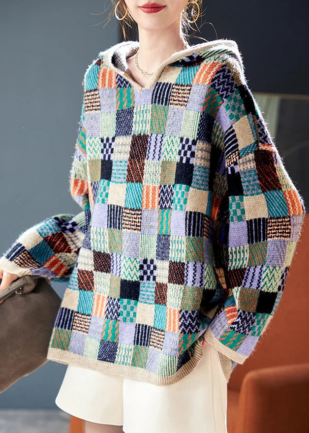 Pull à capuche à carreaux style colorblock pour femme automne 0