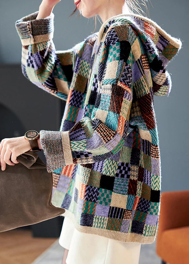 Pull à capuche à carreaux style colorblock pour femme automne 2