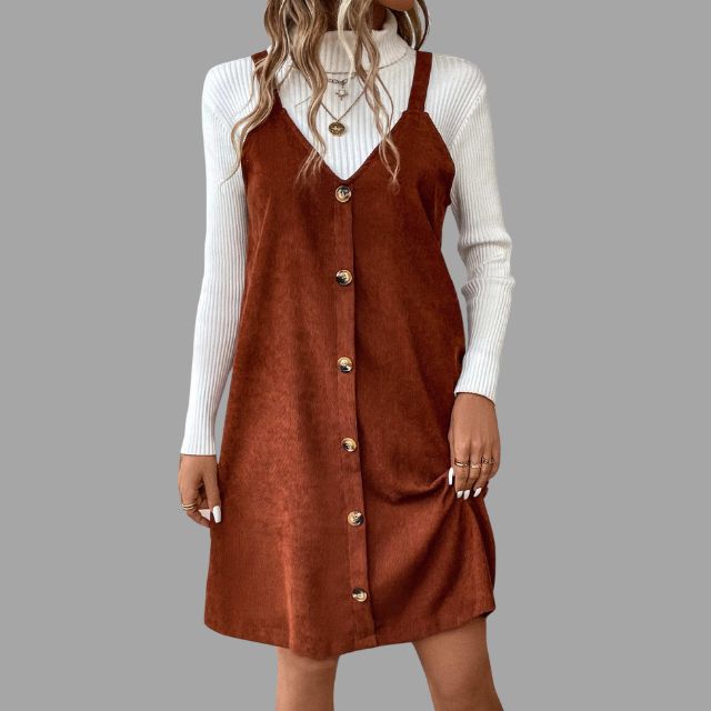 Robe Femme Col V à Bretelles avec Détails Boutons 2