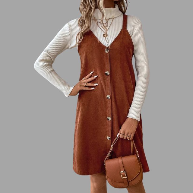 Robe Femme Col V à Bretelles avec Détails Boutons 3