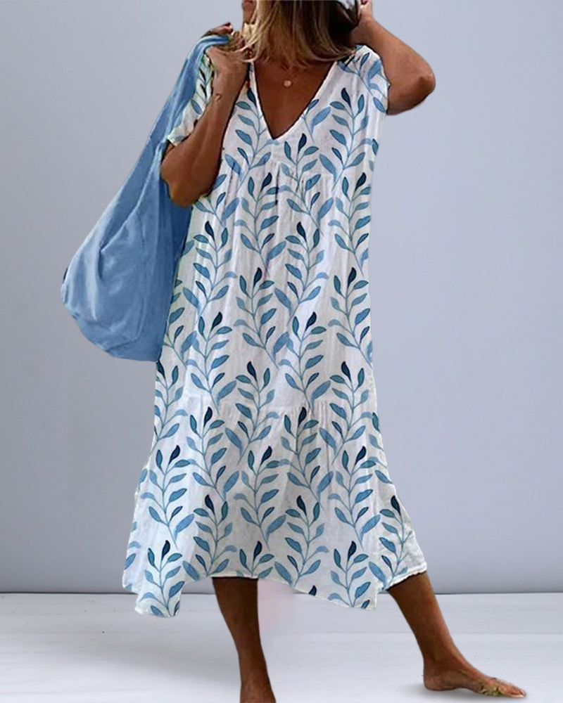 Robe Femme à V-Ausschnitt Imprimé Feuilles 2