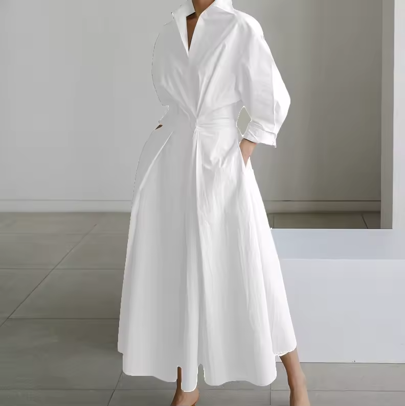 Robe Longue Femme Chemise Col Classique Taille Cintrée Tissu Doux 3