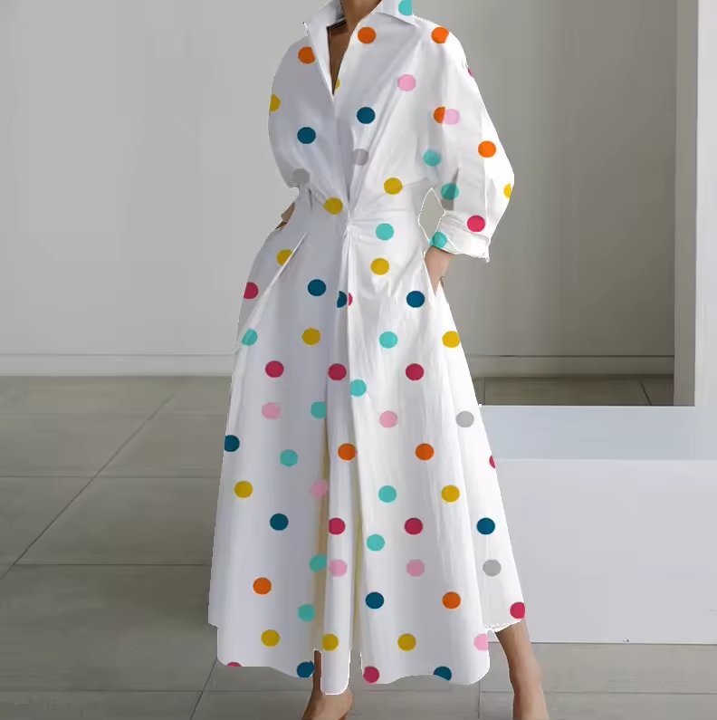 Robe Longue Femme Chemise Col Classique Taille Cintrée Tissu Doux 4