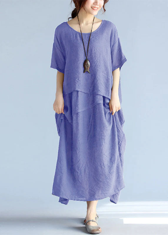 Robe Longue Femme Maxi en Lin à Manches Courtes pour l'Été 10