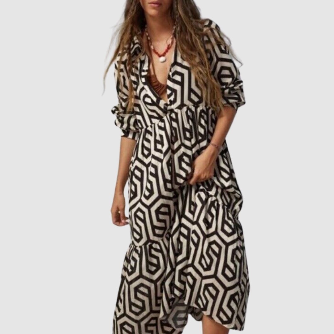 Robe Longue Femme à Manches Longues Motif Géométrique Confortable 2