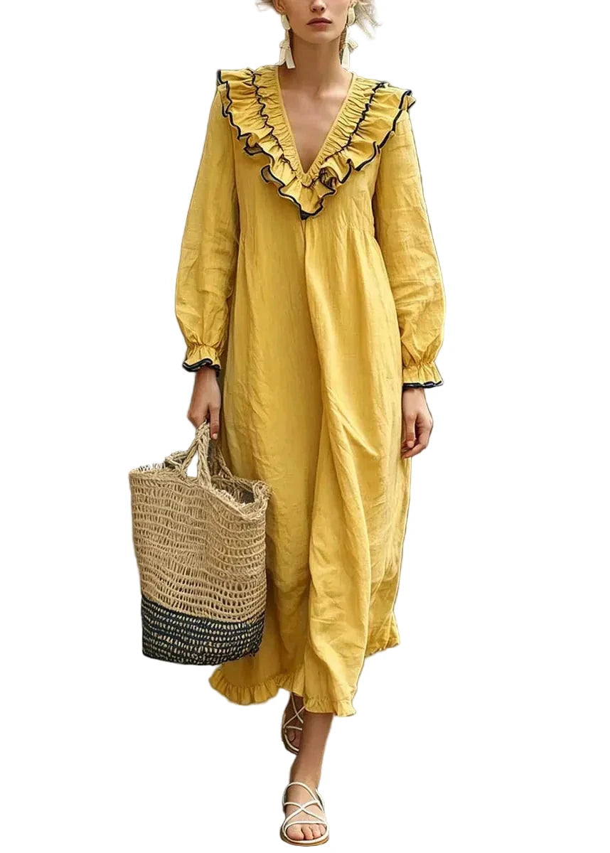 Robe Longue Femme à Volants Patchwork Automnal Maxi 0