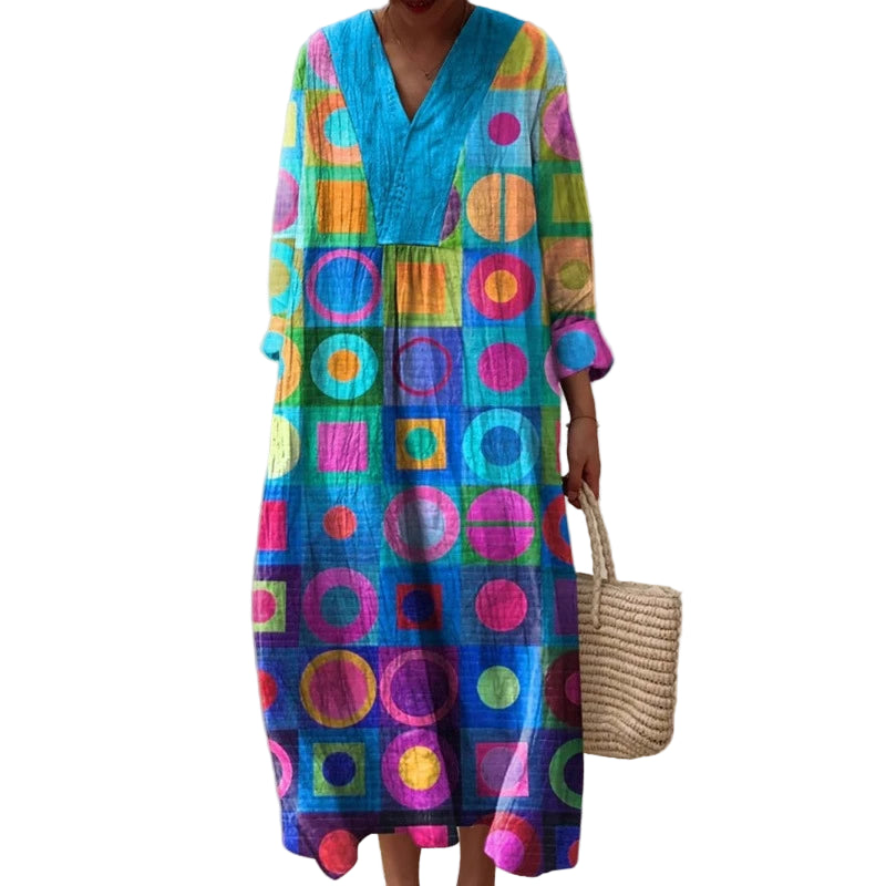 Robe Longue à Manches Longues pour Femme en V-Cou à Blocs de Couleurs 0