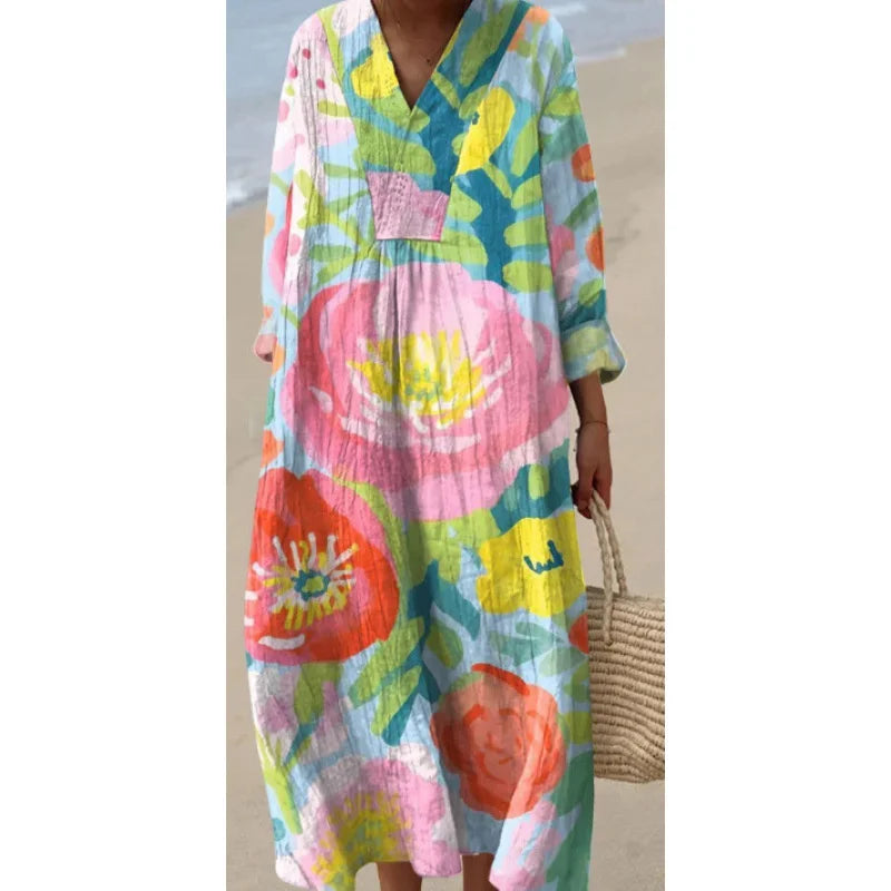 Robe Longue à Manches Longues pour Femme en V-Cou à Blocs de Couleurs 23