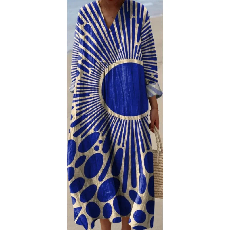 Robe Longue à Manches Longues pour Femme en V-Cou à Blocs de Couleurs 30