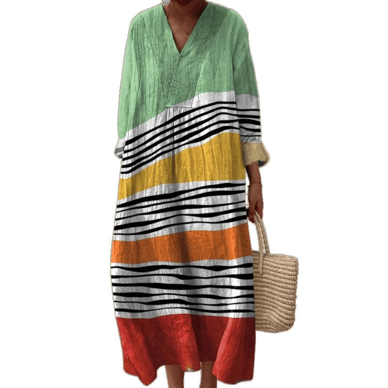 Robe Longue à Manches Longues pour Femme en V-Cou à Blocs de Couleurs 4