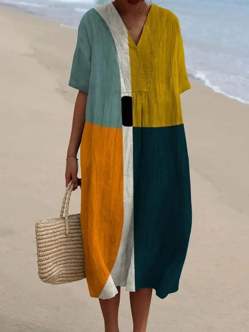 Robe Maxi Femme à Manches Courtes en Polyester à Rayures 14