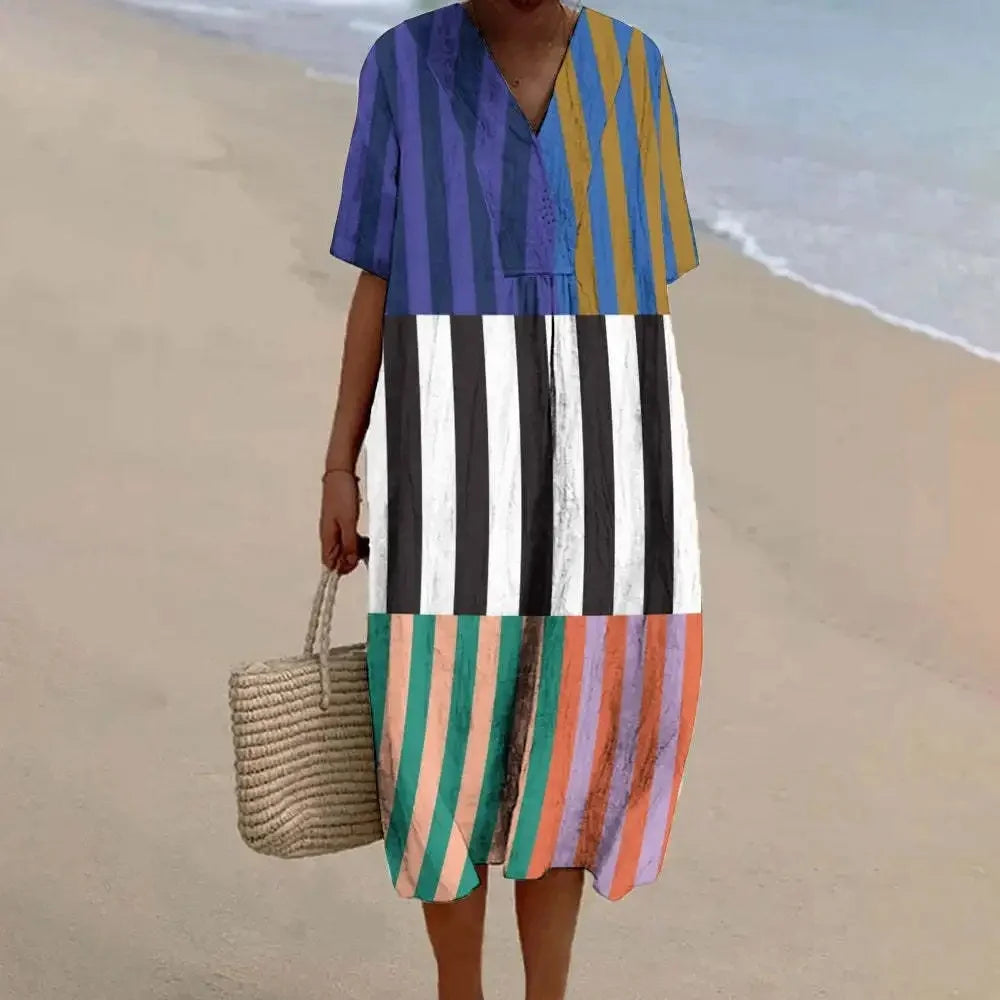 Robe Maxi Femme à Manches Courtes en Polyester à Rayures 8