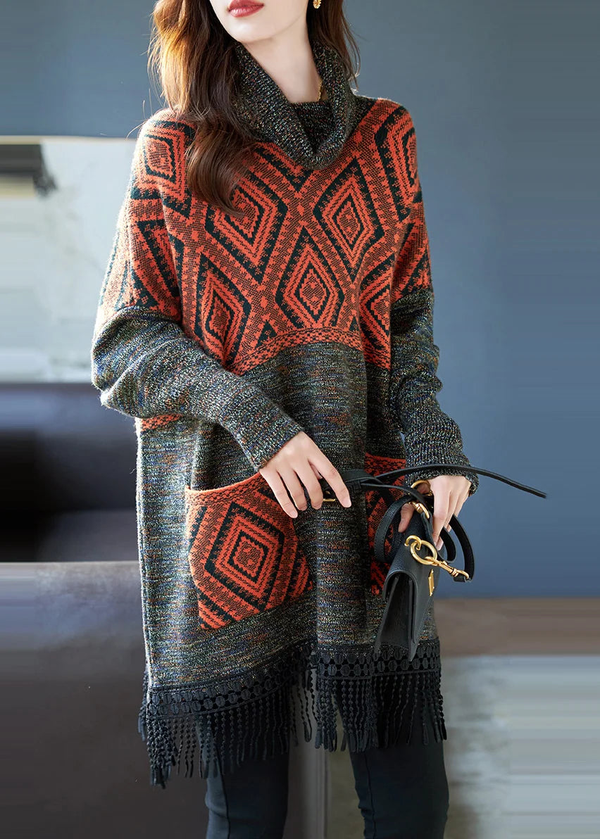 Robe Pull Femme Col Roulé Imprimé à Franges Style Automnal 1