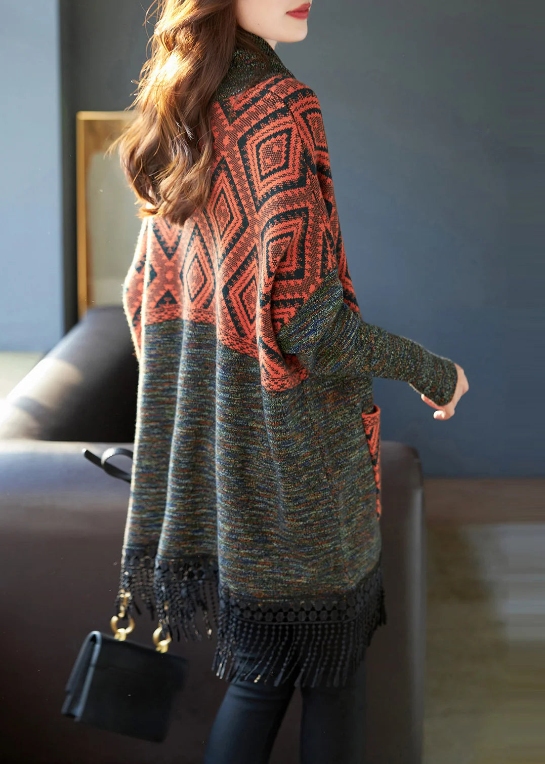 Robe Pull Femme Col Roulé Imprimé à Franges Style Automnal 3