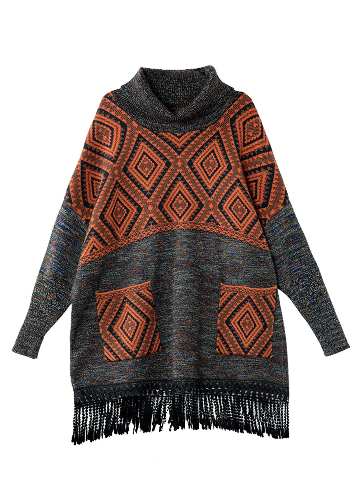 Robe Pull Femme Col Roulé Imprimé à Franges Style Automnal 4
