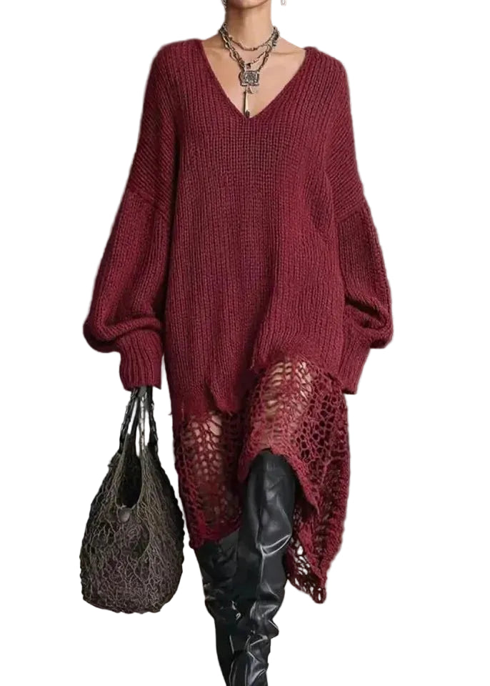 Robe Pull Femme Col V Ourlet Asymétrique Automnal 0