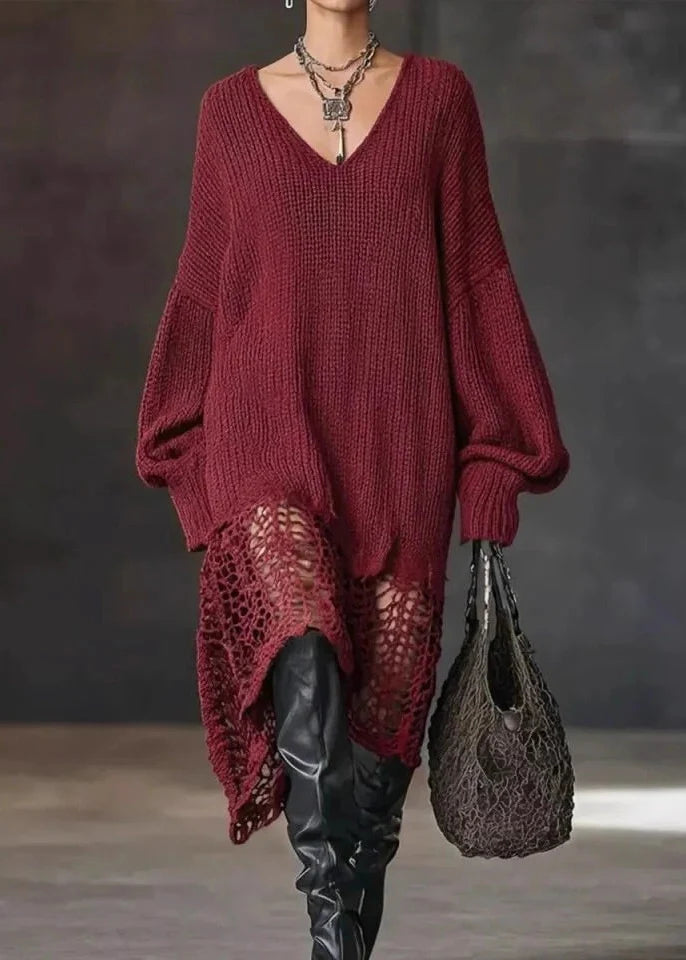 Robe Pull Femme Col V Ourlet Asymétrique Automnal 1