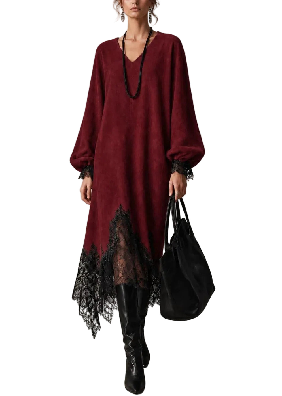 Robe asymétrique pour femme à col V avec patchwork dentelle 0