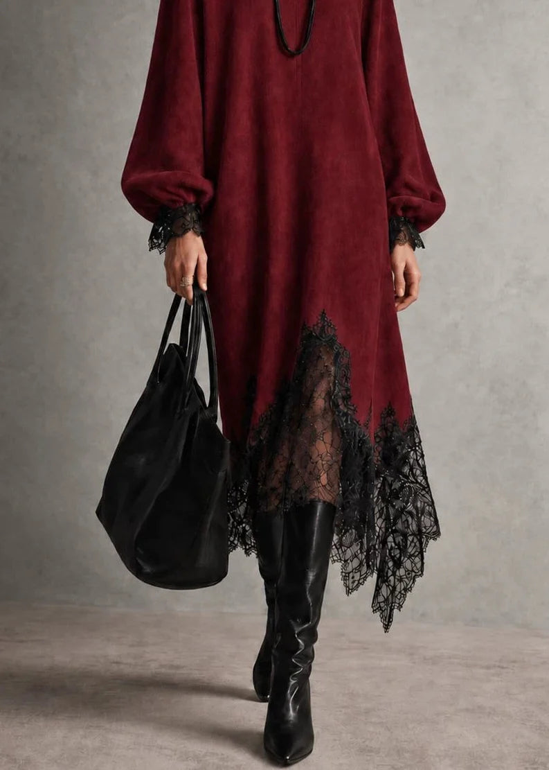 Robe asymétrique pour femme à col V avec patchwork dentelle 3