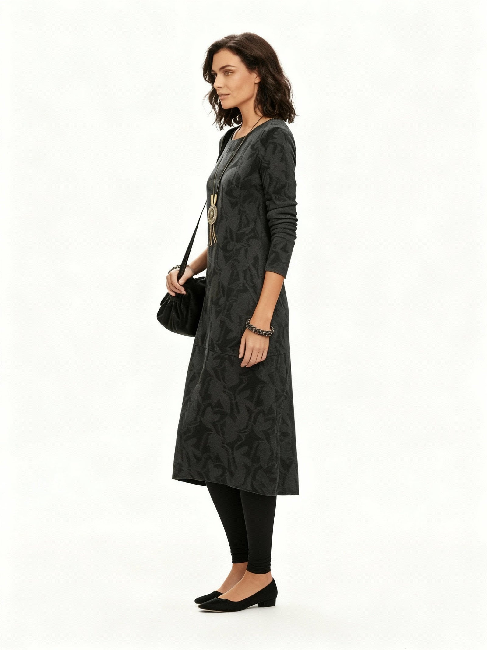 Robe d'Hiver Femme Imprimée à Manches Longues avec Poches Fonctionnelles 1