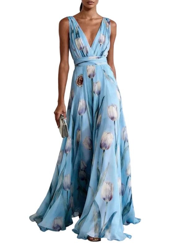 Robe de soirée femme à imprimé bleu et ourlet large 0