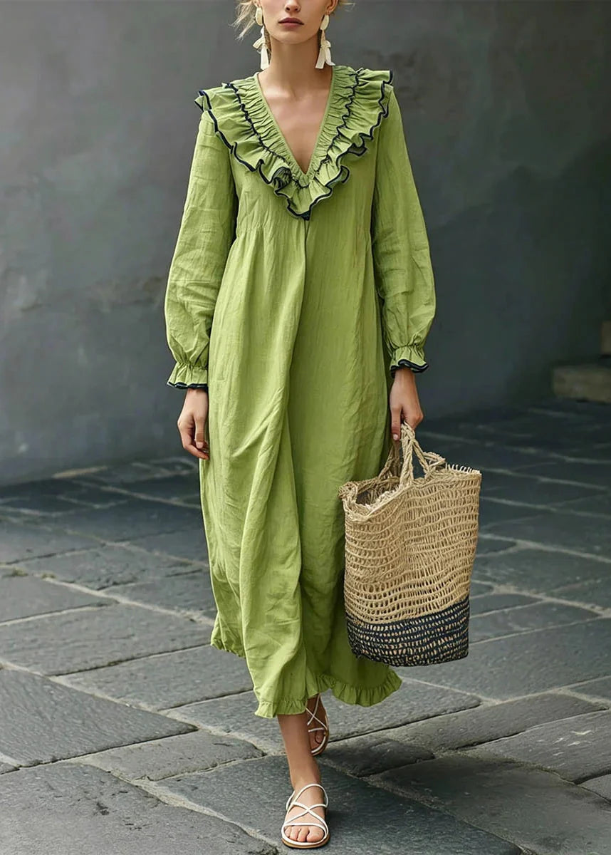 Robe longue femme à col V et manches bouffantes 2