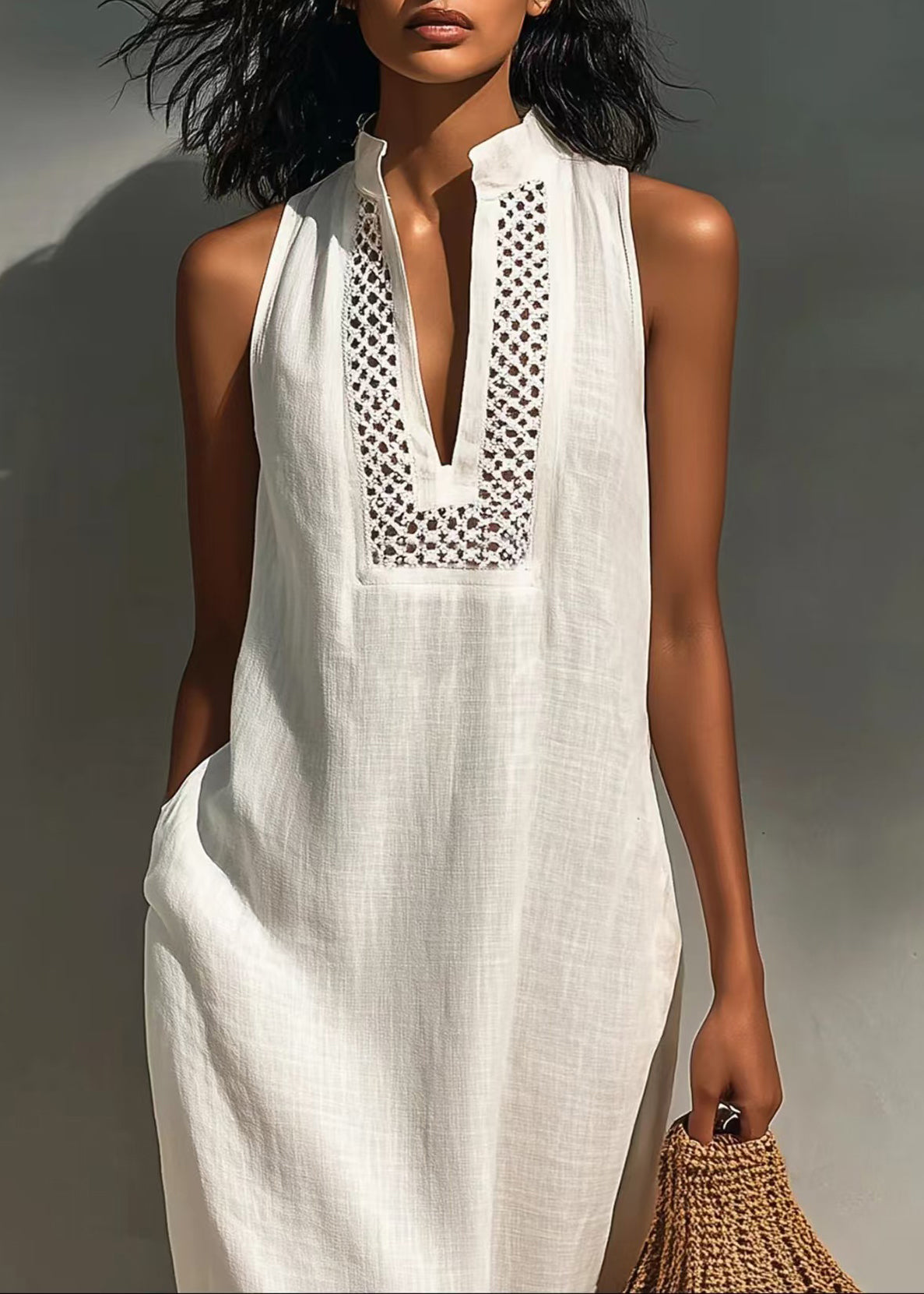 Robe longue femme ajustée col en V sans manches 3