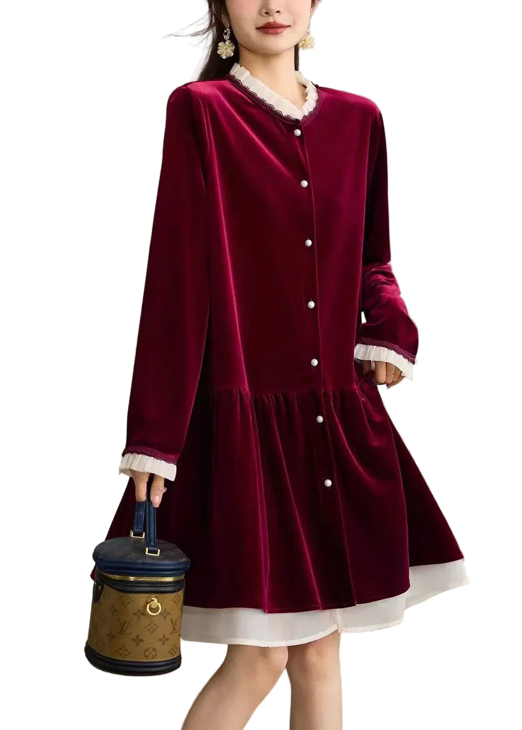 Robe midi femme ample à col rond et volants 0