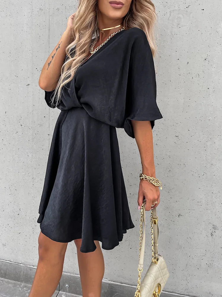 Robe Femme Mini Élégante Polyvalente en Tissu avec Col en V 5