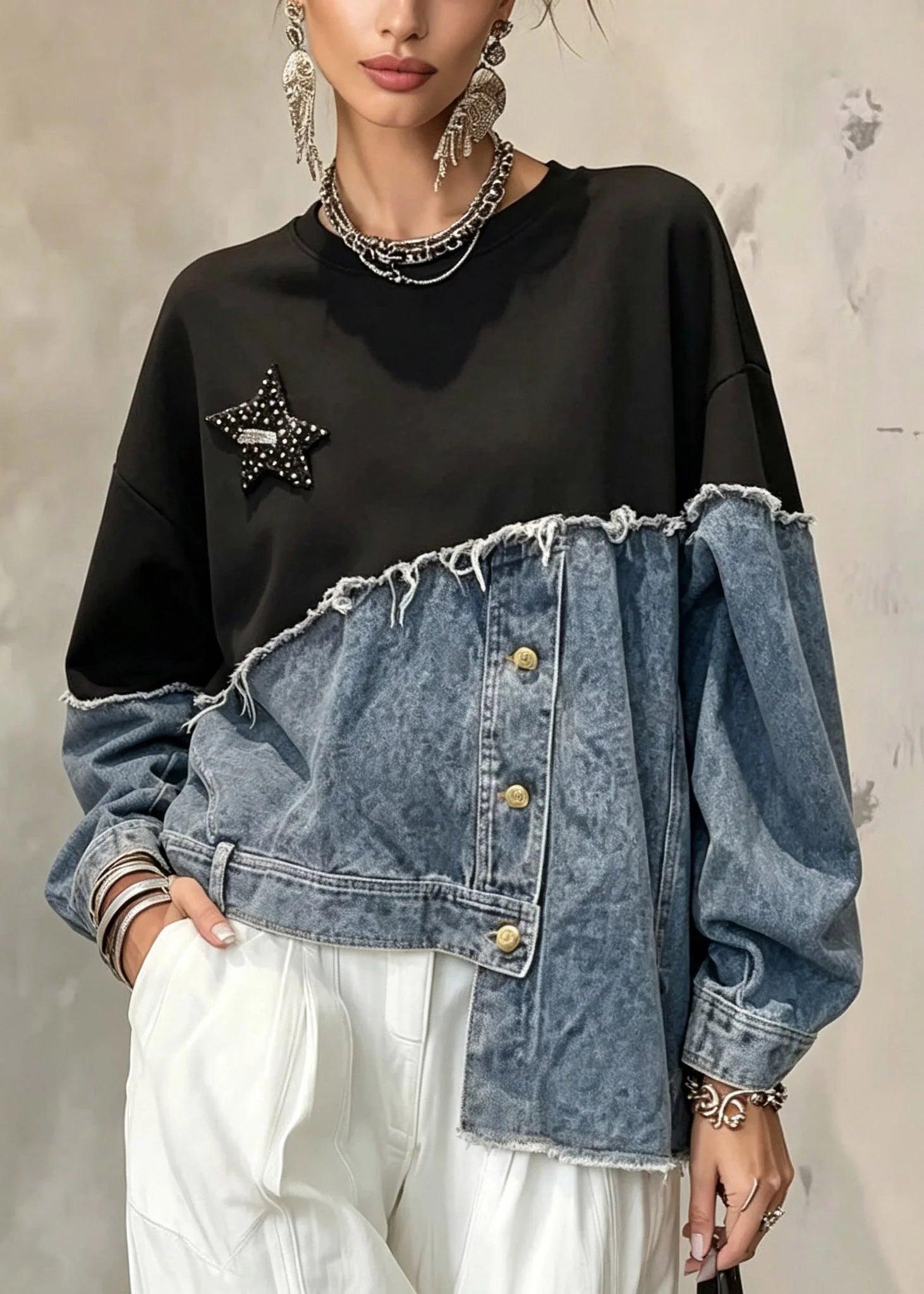 Sweat Shirt Femme Asymétrique Patchwork Boutonné 2