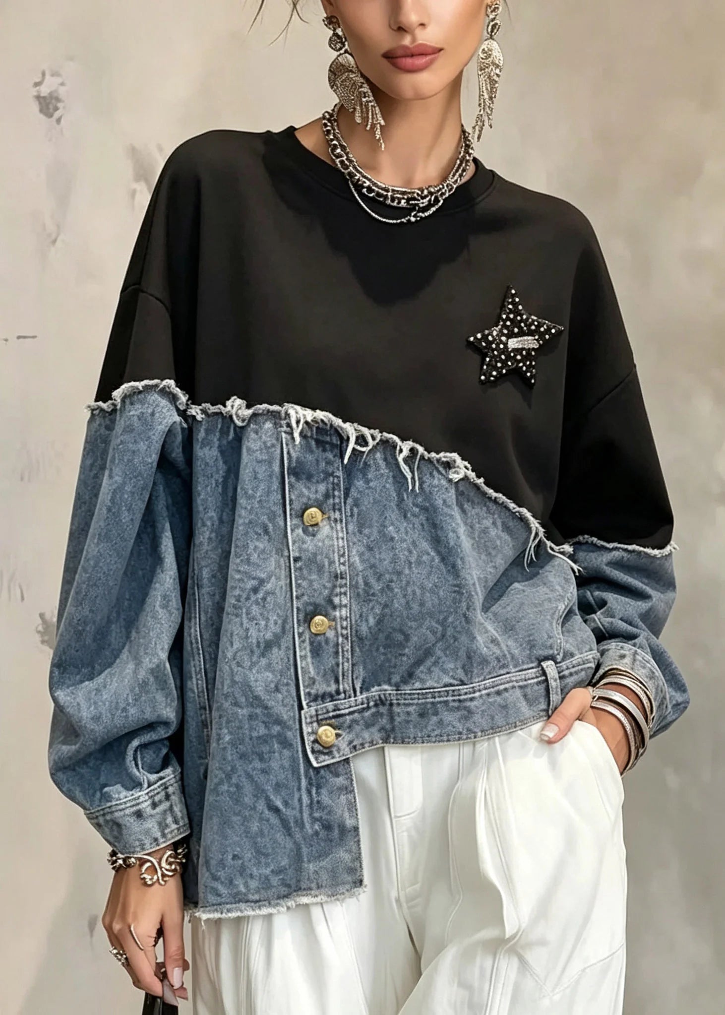 Sweat Shirt Femme Asymétrique Patchwork Boutonné 4